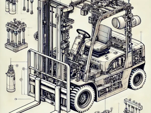 지게차 내부 구조 다이어그램: 유압 시스템과 리프팅 메커니즘을 보여주는 깔끔한 도식 이미지로, 유압 실린더, 레버, 마스트, 포크 등 주요 부품이 포함되어 있습니다. 배경은 단순하여 지게차의 작동 원리와 구성 요소가 강조된 구조적 이미지입니다. 지게차 종류와 작동원리에 대한 이미지입니다.