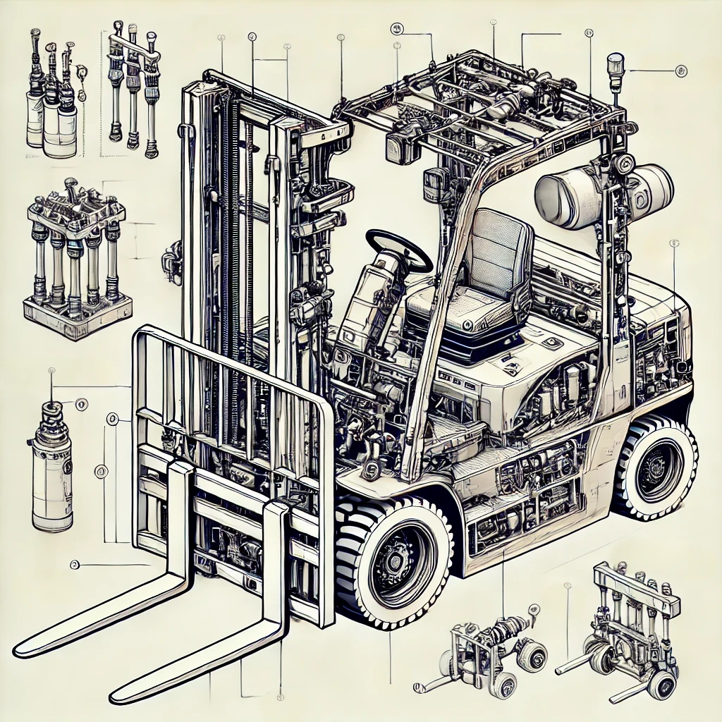 지게차 내부 구조 다이어그램: 유압 시스템과 리프팅 메커니즘을 보여주는 깔끔한 도식 이미지로, 유압 실린더, 레버, 마스트, 포크 등 주요 부품이 포함되어 있습니다. 배경은 단순하여 지게차의 작동 원리와 구성 요소가 강조된 구조적 이미지입니다. 지게차 종류와 작동원리에 대한 이미지입니다.