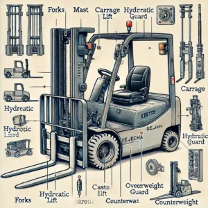 지게차의 주요 부품을 설명하는 다이어그램